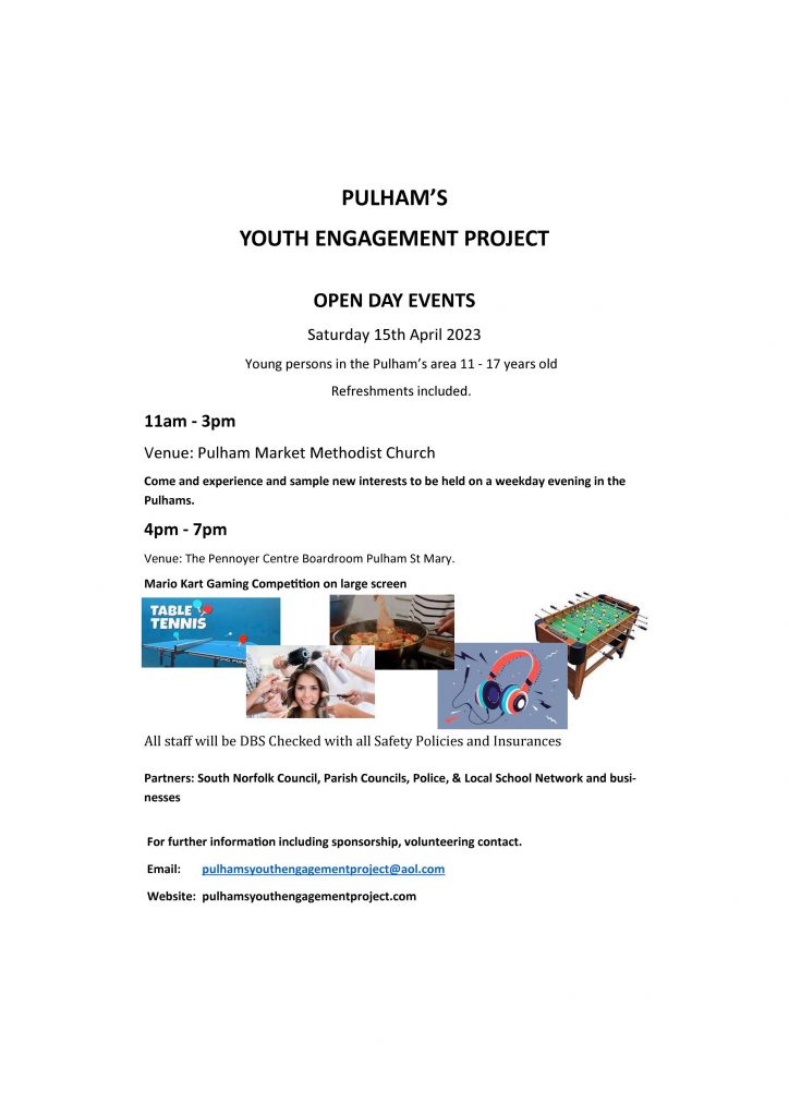 Poster advertising the Pulham's Youth Engagement Project Open Day on Saturday 15th April 2023