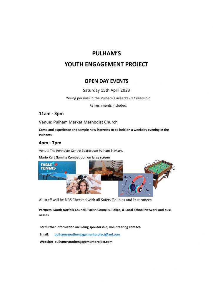 Poster advertising the Pulham's Youth Engagement Project Open Day on Saturday 15th April 2023