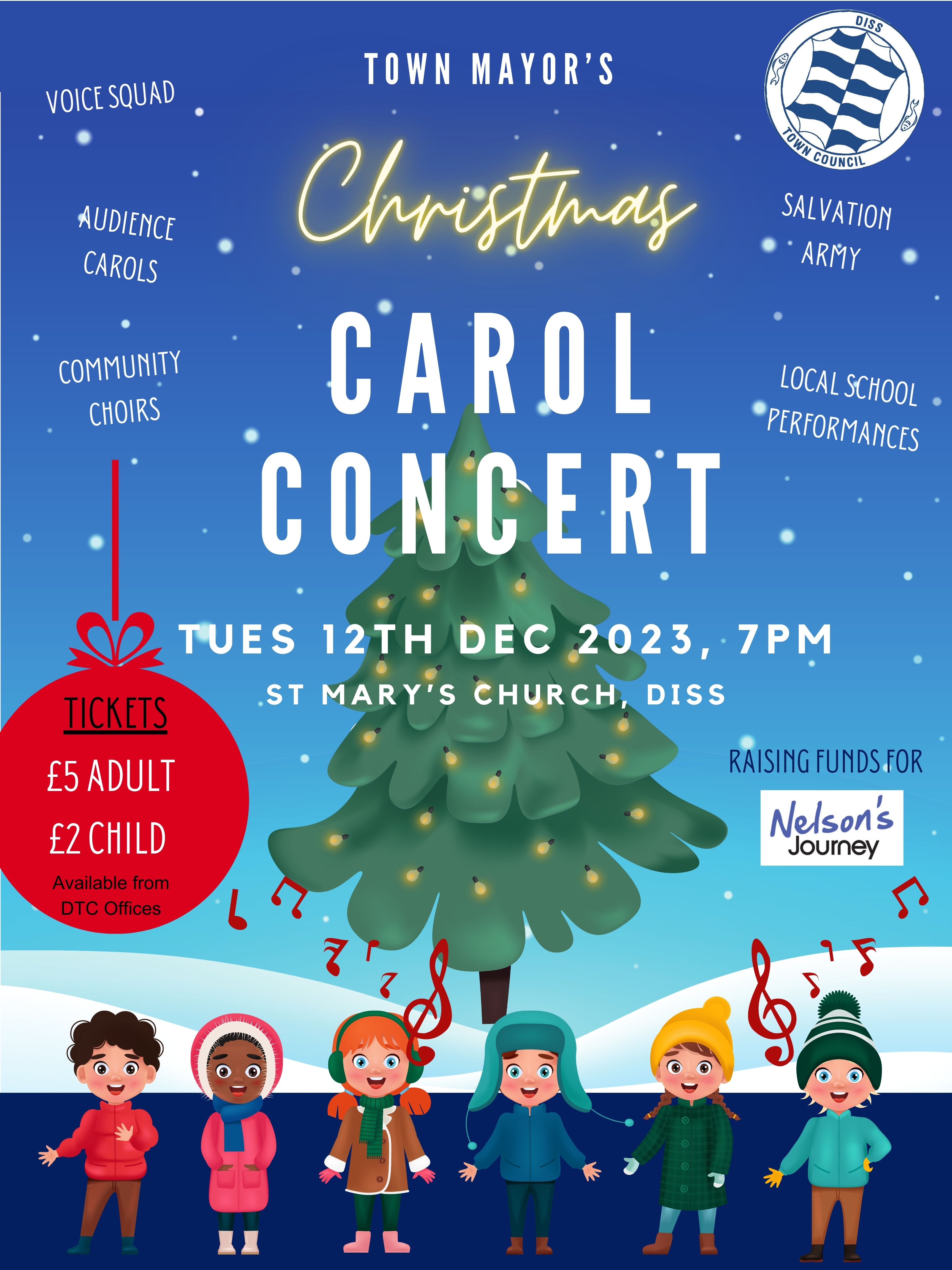 Diss Christmas Carol Concert poster, 12th December 2023, 7pm. Tickets from Diss Town Council Office